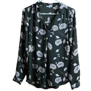 Maurices Brown Pink Floral Print Collared VNeck Long Sleeve Blouse Top Size S